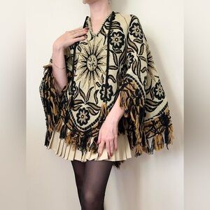 Vintage 1960s Reversible Celestial Sun Boho Hippie Tapestry Poncho